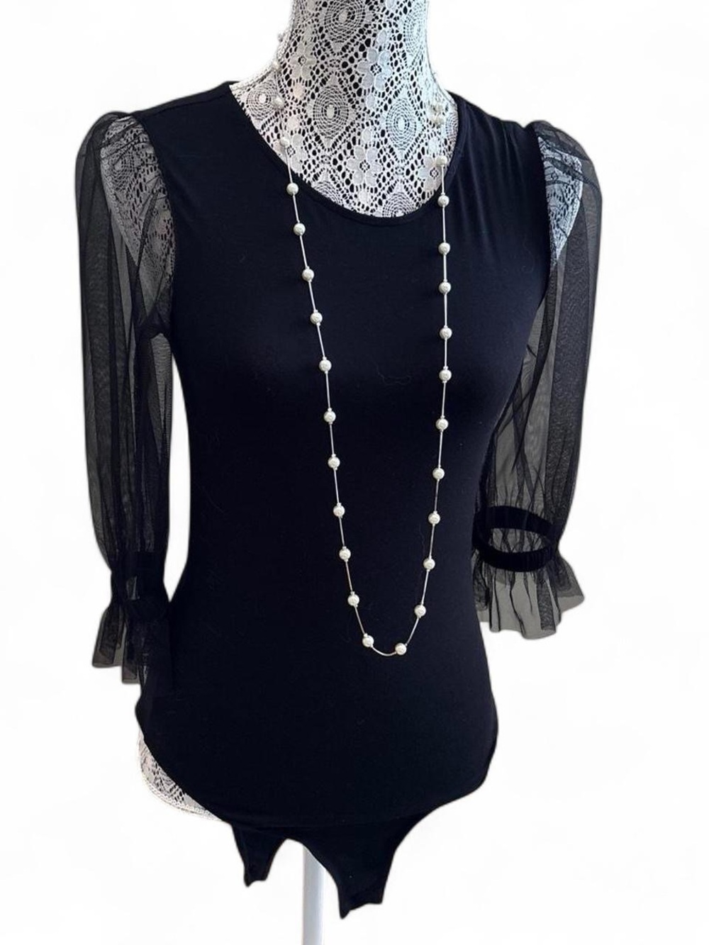 Black Mesh Sleeve Bodysuit with Puff Sleeves